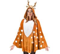 Reindeer Poncho - Holiday Costume Set, Three-Piece Reindeer Dress-Up Set with Antler Headband, Hooded Cape, and Gem Stickers | Elk Dress for Party, Cosplay, Masquerade, Festival, Stage, Halloween