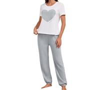 REITINGE Set pigiama da donna con scollo rotondo, camicia a maniche corte e pantaloni rilassati, biancheria da notte calda perfetta per la notte fredda pigiama in poliestere grigio