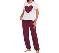 REITINGE Set pigiama da donna con scollo rotondo, camicia a maniche corte e pantaloni rilassati, biancheria da notte calda perfetta per la notte fredda pigiama in poliestere rosso