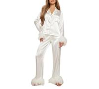 REITINGE Set pigiama in morbida flanella per le donne camicia con risvolto e pantaloni elastici, sorella/madre sonno loungewear da donna set da due pezzi, bianco, S