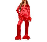 REITINGE Set pigiama in morbida flanella per le donne camicia con risvolto e pantaloni elastici, sorella/madre sonno loungewear da donna set da due pezzi, Rosso, L