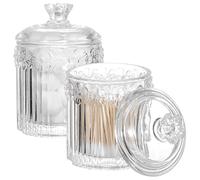 rejomiik Confezione da 2 contenitori Qtip in vetro con coperchio, accessori da bagno e contenitori per cosmetici, per cotton fioc, palle, tamponi, filo interdentale, caramelle, trasparenti