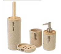 Relax World Set 4 Pezzi Accessori per il Bagno in Poliresina è Legno di bambù,con Portascopino,Dispenser di Sapone,Portasaponetta,Bicchiere.