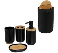Set 5 Pez,Accessori Bagno Dispenser Porta Sapone Porta Spazzolini Bambù Pvc,Nero