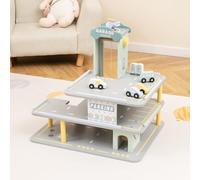 RELAX4LIF Garage Macchine per Bambini, Garage per Auto in Legno con 4 Macchinine e 1 Elicottero, Garage di Parcheggio a 3 Piani con Ascensore, Autolavaggio e Distributore di Benzina