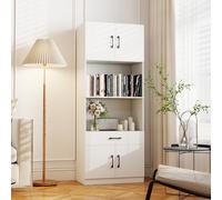 RELAX4LIFE 168 cm Armadio da Cucina Autoportante, Mobile di Stoccaggio con 2 Scomparti Chiusura a Doppia Porta e 2 Scaffali Aperti, Stazione di Ricarica Pratica, Ripiano Divisore Regolabile