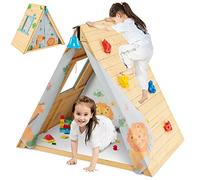 RELAX4LIFE 2 in 1 Casetta per Bambini a Triangolo in Legno, per Nascondiglio con Pareti per Arrampicarsi, Tenda della Porta Rimovibile, per 2 Bambini, Adatto per 3-8 Anni, Color Legno