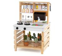 RELAX4LIFE 2 in 1 Cucina Giocattolo in Legno, Set di Cucina con 8 Accessori, Gioco di Ruolo, Giocattoli Interattivi per Bambini 3+ Anni (Naturale)