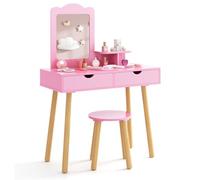 RELAX4LIFE 2 in 1 Toeletta Trucco Bambina con Sgabello, Specchio Staccabile, Set da Trucco con 2 Cassetti, Postazione Trucco per Bambini, 70 x 37 x 100 cm (Rosa Scuro)
