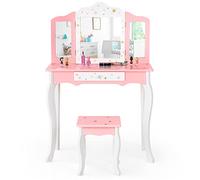 RELAX4LIFE 2 in 1 Toeletta Trucco Bambina con Specchio e Sgabello, Centro di Bellezza, Giocattolo da Trucco, Set Tavolo da Trucco in Legno per Tesori (Rosa)