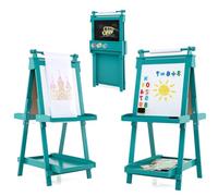 RELAX4LIFE 3 in 1 Cavalletto per Bambini Pieghevole in Legno, Altezza Regolabile, Lavagna Magnetica con Lavagna Bifacciale, con Rotolo di Carta, Vassoio e Accessori, 3+ Anni, 55x66x106-126cm (Verde)