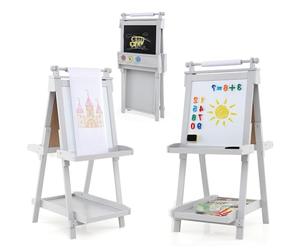 RELAX4LIFE 3 in 1 Cavalletto per Bambini Pieghevole in Legno, Altezza Regolabile, Lavagna Magnetica con Lavagna Bifacciale, con Rotolo di Carta, Vassoio e Accessori, 3+ Anni, 55x66x106-126cm (Grigio)