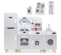 RELAX4LIFE 3 IN 1 Cucina Giocattolo per Bambini, Mini Cucina in Legno, Suoni e Luci Realistici, Cucina Giocattolo con Lavello, Fornelli, Frigorifero, per Bambini 3+ Anni (Grigio)