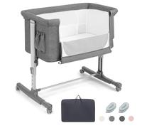 RELAX4LIFE 3 in 1 Culla Neonato Fianco Letto, Culla da Campeggio con Materasso e Cinghia Fissaggio, Regolabile In Altezza 5 Posizioni, Borsa per il Trasporto, per Bambini 0-6 Mesi (Grigio Chiaro)