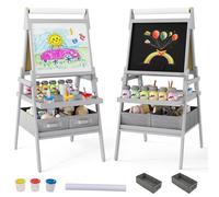 RELAX4LIFE 3 in 1 Lavagna per Bambini, Cavalletto con Doppia Faccia Magnetica e Lavagna Bianca, Rotolo di Carta, Scaffale Doppio e 2 Cesto in Tessuto Pieghevole, 3 Tazze, per 3+ Anni