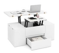 RELAX4LIFE 3 in 1 Tavolino da Salotto Sollevabile con 4 Sgabelli Impilabili, Set Tavolo Multifunzionale da Soggiorno con 4 Sedie, Cassetto e 2 Piani Ribaltabili Piccolo e Grande, per Ufficio (Bianco)