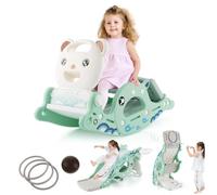 RELAX4LIFE 4 in 1 Set Cavallo a Dondolo con Scivolo e Canestro da Basket e Palla e Lancia di Anelli, Struttura Stabile con carico di 60 kg,81x40x52cm/93x65x45,5cm