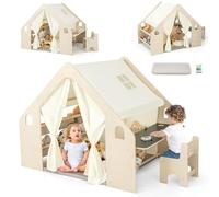 RELAX4LIFE 6 in 1 Tenda per Bambini con Casetta in Legno, Tavolino, Seida, Lavagna, Gessi, 6 Scatole Portaghiochi, Tapettino Rimovibile, Per Cameretta,Asilo