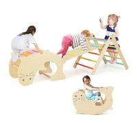 RELAX4LIFE 7 in 1 Set da Arrampicata con Scivolo per Bambini, Arco da Arrampicata Pieghevole in Legno, Cavallo a Dondolo Convertibile in Tavolino per Bimbi 1+ Anni (Colorato)