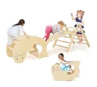 RELAX4LIFE 7 in 1 Set da Arrampicata con Scivolo per Bambini, Arco da Arrampicata Pieghevole in Legno, Cavallo a Dondolo Convertibile in Tavolino per Bimbi 1+ Anni (Naturale)