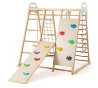 RELAX4LIFE 8 in 1 Triangolo da Arrampicata Multifunzione, Parco Giochi in legno Massello con Scivolo, Altalena e Lavagna, Centro Attività per Bambini 1 a 5 anni (Modello 4 Naturale)
