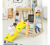 RELAX4LIFE 8 in 1 Triangolo da Arrampicata Multifunzione, Parco Giochi in legno Massello con Scivolo, Altalena e Lavagna, Uso Interno, per Bambini 1 a 5 anni (Modello 3 Colorato)