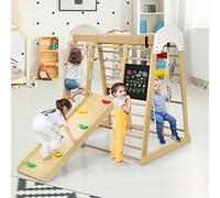 RELAX4LIFE 8 in 1 Triangolo da Arrampicata Multifunzione, Parco Giochi in legno Massello con Scivolo, Altalena e Lavagna, Uso Interno, per Bambini 1 a 5 anni (Modello 3 Naturale)