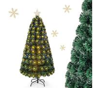 RELAX4LIFE Albero di Natale Artificiale 150cm con Luci Gialle Calde in Fibre Ottiche e Addobbi: 1 Stella e Luci LED, Rami Folti e Realistici in PVC, Base Pieghevole in Ferro