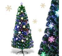 RELAX4LIFE Albero di Natale Artificiale 150cm con Luci in Fibre Ottiche e Addobbi: 1 Stella e 24 Fiocchi di Neve a LED, 170 Rami Folti e Realistici in PVC, Base Pieghevole in Ferro (150 cm)