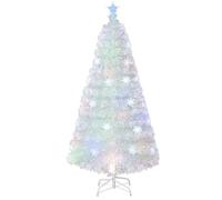 RELAX4LIFE Albero di Natale Bianco Artificiale 150cm con Luci in Fibre Ottiche e Addobbi: 1 Stella e Fiocchi di Neve a LED, Rami Folti e Realistici in PVC, Base Pieghevole in Ferro