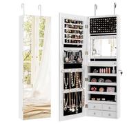 RELAX4LIFE Armadietto Portagioie con Luci LED, Specchiera Portagioie da Parete o Porta, Specchio a Figura Intera, 4 Cassetti, Organizer Gioielli per Camera da Letto (Bianco)