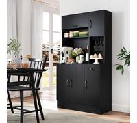 RELAX4LIFE Armadio Alto da Cucina con Presa di Corrente, Armadietto con Mobiletto, Cassetto, Supporto per Calici e Ripiani Regolabili, Armadio Buffet Autonomo per Sala da Pranzo (NERO)