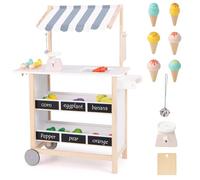 RELAX4LIFE Bancarella in Legno per Bambini con Carretto dei Gelati, 6 Coni Gelato, Ripiano e Lavagna, Bilancia e Campanello, Gioco di Ruolo Educativo, (BIANCO,79,5 x 29,5 x 100 cm)