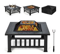 RELAX4LIFE Braciere Quadrato da Giardino in Ferro, Braciere e Coperchio Parascintille a Rete con Attizzatoio Lungo, Bordo Largo Portaoggetti, Braciere da Esterno Multiuso per Riscaldamento e Barbecue