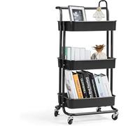 RELAX4LIFE Carrello a Spinta con 3 Cesti e 4 Ruote con Freni, Carrello da Portata a 3 Ripiani con Maniglia Ergonomica, in Ferro di Alta Qualità per Cucina e Ufficio, 42 x 35 x 87 cm (nero)