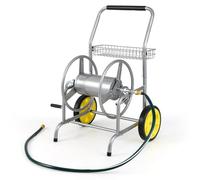RELAX4LIFE Carrello Avvolgitubo da Giardino, Carrellino in Metallo per Tubi da 20 mm, Lunghi Max 70m, 2 Rotelle, Cestino Portaoggetti, Irrigazione Giardino/Prato/Patio (Argento)