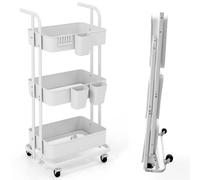 RELAX4LIFE Carrello di Stoccaggio Pieghevole a 3 Livelli, Carrello da Cucina con 3 Portabicchieri Appesi, 6 Ganci, Ruote Bloccabili, Carrello da Servizio per Cucina, Soggiorno, Sala da Pranzo