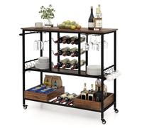 RELAX4LIFE Carrello per Servire a Casa con Portabottiglie di Vino Ripiani in Vetro, Ganci e Vassoi Portaoggetti, Ruote Bloccabili, a 3 Livelli, 107,5 x 40 x 91,5cm (MARRONE)