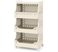 RELAX4LIFE Carrello Portaoggetti a 3/4/5/6 Livelli, Portabiancheria Impilabile con Ruote, Maniglie e Ganci, Salvaspazio in Plastica per Lavanderia, Bagno e Soggiorno, Beige (3 RIPIANI)