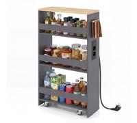 RELAX4LIFE Carrello Portaoggetti Ultra Sottile a 4 Ripiani 13cm/20cm con Ruote 360° e Freni, Salvaspazio e Stretto per Cucina, Bagno (Naturale+Grigio, 48x20x81 cm-Prese Multiple)