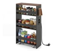 RELAX4LIFE Carrello Portaoggetti Ultra Sottile a 4 Ripiani 13cm/20cm con Ruote 360° e Freni, Salvaspazio e Stretto per Cucina, Bagno (Marrone+Nero, 48x20x81 cm-Prese Multiple)