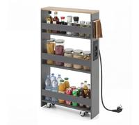 RELAX4LIFE Carrello Portaoggetti Ultra Sottile a 4 Ripiani 13cm/20cm con Ruote 360° e Freni, Salvaspazio e Stretto per Cucina, Bagno (Naturale+Grigio, 48x13x81 cm-Prese Multiple)