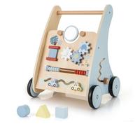 RELAX4LIFE Carrello Primi Passi in Legno e Centro Attività Montessori 2 in 1 - con Pannello 7 Giochi, Base Larga 31cm Anti O, Vano Portaoggetti, per Bambini 6-36 Mesi