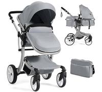 RELAX4LIFE Carrozzina Pieghevole 3 in 1 con Passeggino Reclinabile, Navicella, Copertura Regolabile, Borsa Portaoggetti, Coprigambe, Copertura Antipioggia, Telaio Lega Alluminio (GRIGIO)