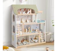 RELAX4LIFE Casa delle Bambole in Legno, con 6 Staze, Terrazza con Piscina, Set di Mobili Simulati, 2 Scale, Playset di Costruzione Fai da Te per Bambini 3+ Anni, 62x25x78cm