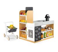 RELAX4LIFE Cassa Supermercato Giocattolo in Legno con Carrello, Lavagnette, Scaffali,Registratore di Cassa,Scanner,Calcolatrice, Salvadanaio