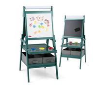 RELAX4LIFE Cavalletto per Bambini, Cavalletto a Doppia Faccia con Rullo di Carta, Vassoi di Stoccaggio, 4 Tazze per Pittura e 2 Cassetti, Cavalletto Disegno in Legno per Bambini 3-10 Anni (Verde)