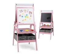 RELAX4LIFE Cavalletto per Bambini, Cavalletto a Doppia Faccia con Rullo di Carta, Vassoi di Stoccaggio, 4 Tazze per Pittura e 2 Cassetti, Cavalletto Disegno in Legno per Bambini 3-10 Anni (Rosa)