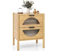 RELAX4LIFE Comodino Camera da Letto, Tavolino Laterale in Bambù con 2 Cassetti, Frontali in Vetro e Gambe in Legno Rialzate, Cassettiera Moderna per Soggiorno e Salotto, 45 x 40 x 56 cm, Naturale