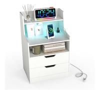 RELAX4LIFE Comodino LED con Presa Integrata, Porta USB, Tipo C, 2 Cassetti, Mensole Aperte, Tavolino da Divano Moderno per Soggiorno, Camera da Letto, 45 x 35 x 72,5 cm (Bianco)